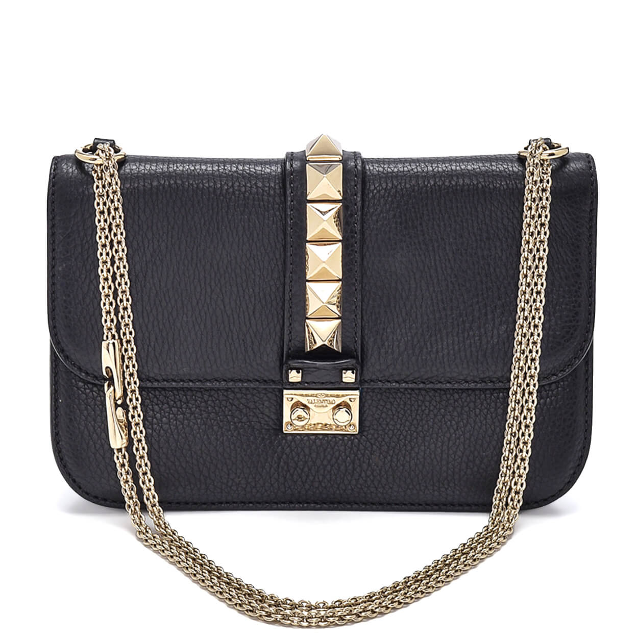 Valentino - Black Grained Leather Rockstud Glam Lock Flap Shoulder Bag